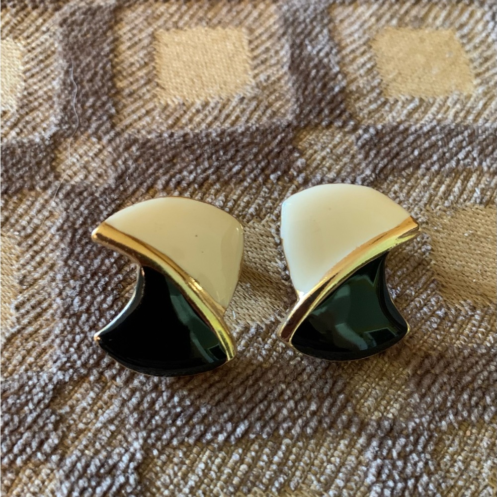 Vintage Black and Cream Enamel on Goldtone Backing